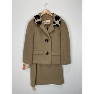 Vintage Kramers Fur Beige Wool Animal Fur 2 Piece Suit Jacket And Skirt Size 10